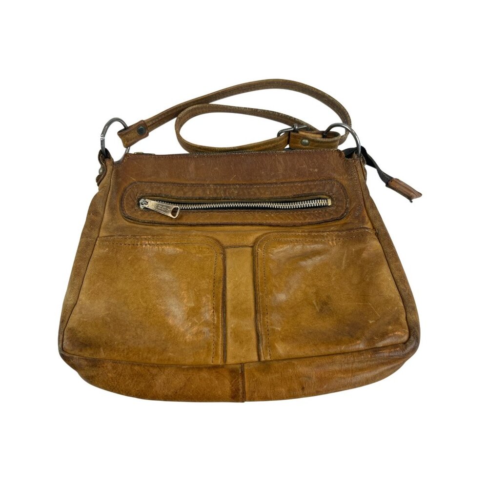 Vintage 70s Brown Leather Shoulder Bag Adjustable Strap Zipper Pocket - Picture 2 of 16